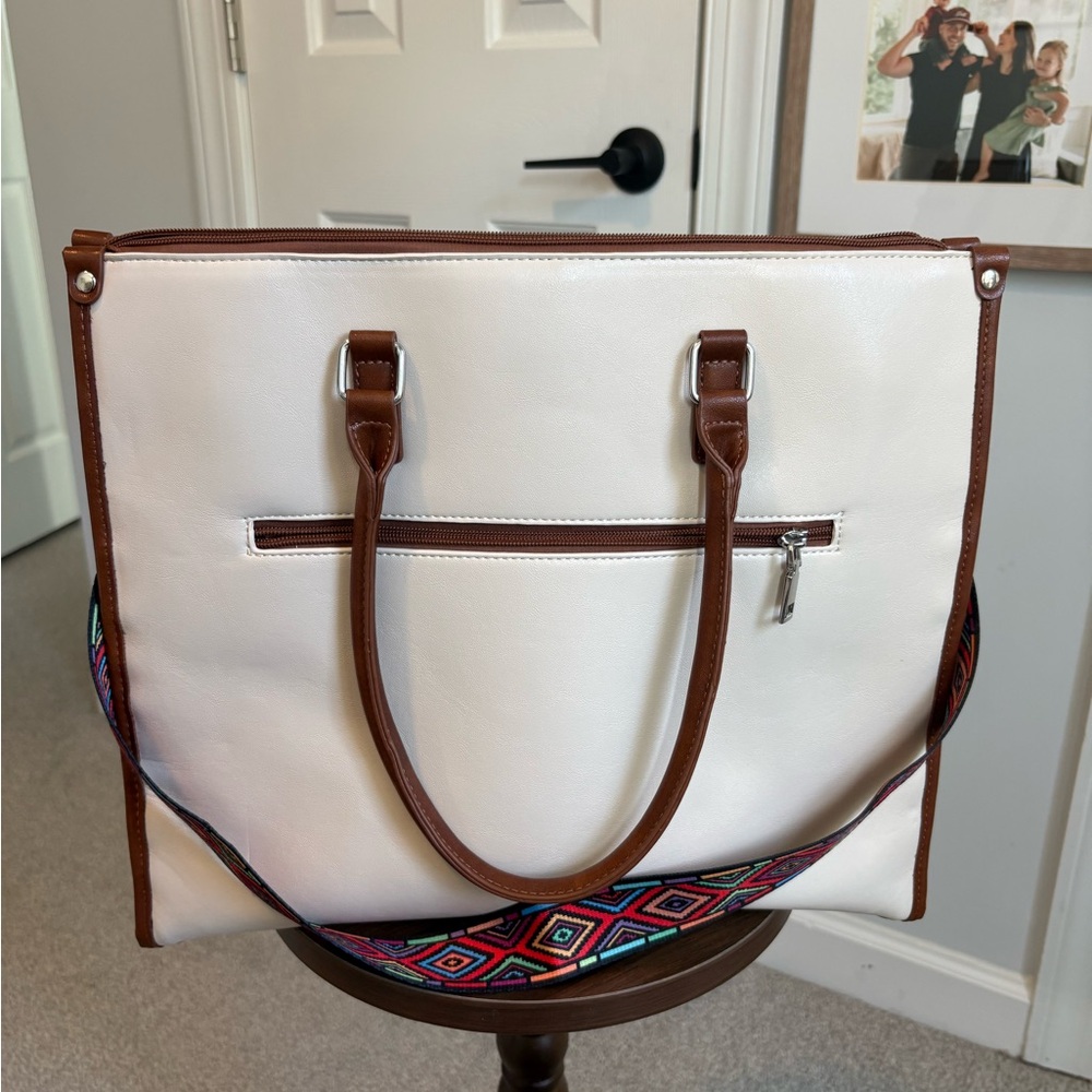 White and Brown laptop tote with Patterned Strap and smaller purse included
